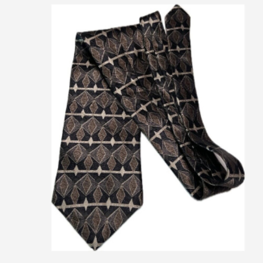 IV Front Mens Tie Geometric Black/Brown/Gold Repeat Diamonds & Stripes 100% Silk